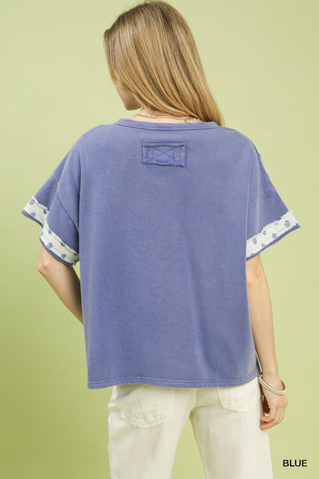 Umgee French Terry Flower Patched Top in Blue