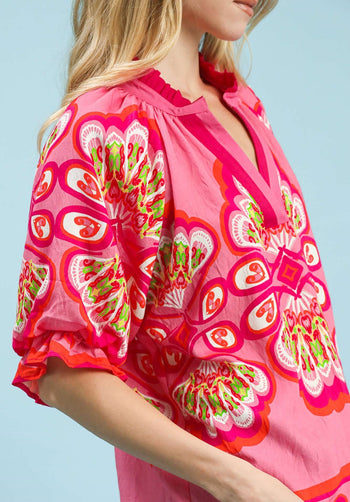 Umgee Boho Print Top in Fuchsia Mix
