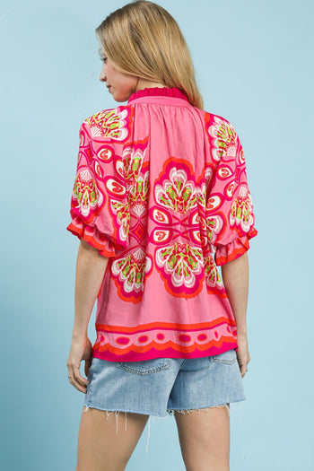 Umgee Boho Print Top in Fuchsia Mix