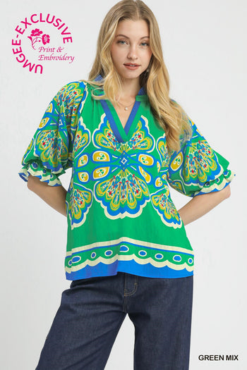 Umgee Boho Print Top in Green Mix ON ORDER