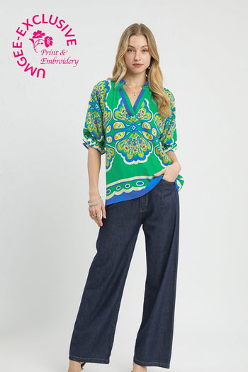 Umgee Boho Print Top in Green Mix ON ORDER