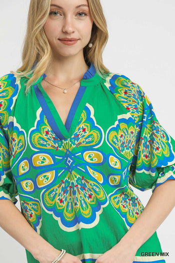 Umgee Boho Print Top in Green Mix ON ORDER