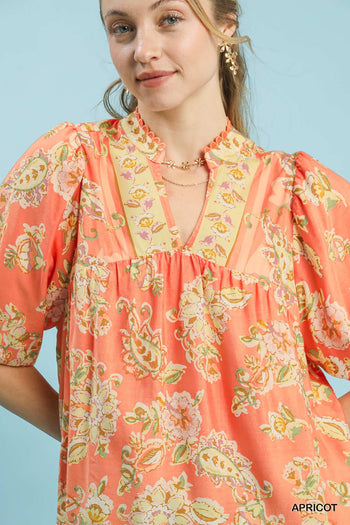 Umgee Boho Floral Print Top in Apricot