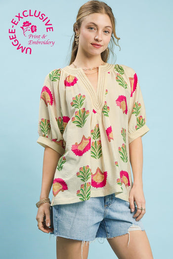 Umgee Abstract Print Top in Cream