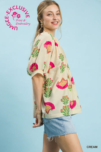 Umgee Abstract Print Top in Cream