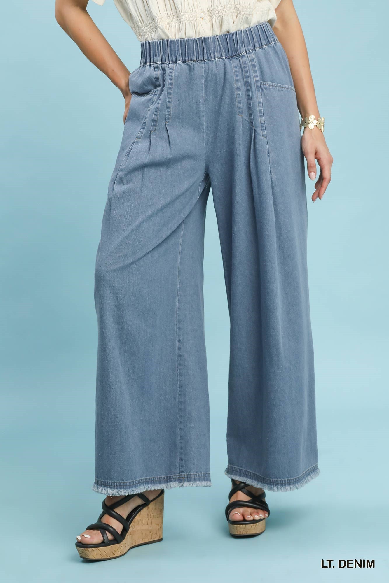 Umgee Stone Washed Wide Leg Pants in Light Denim – June Adel