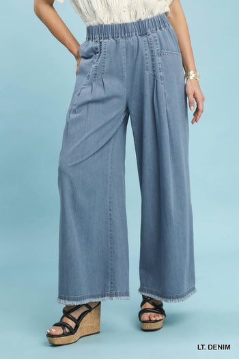 Umgee Stone Washed Wide Leg Pants in Light Denim
