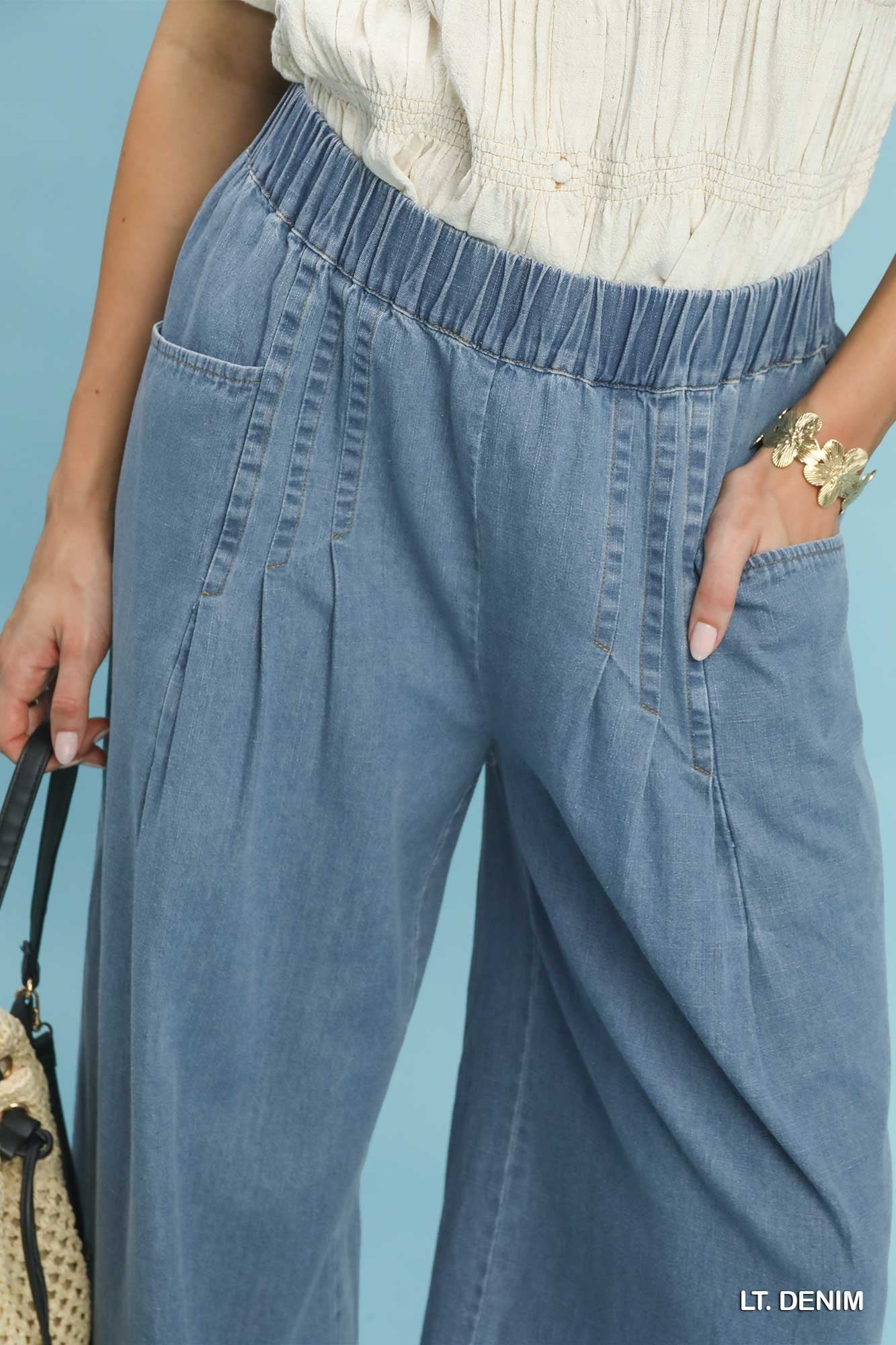 Umgee Stone Washed Wide Leg Pants in Light Denim – June Adel