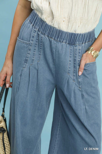 Umgee Stone Washed Wide Leg Pants in Light Denim