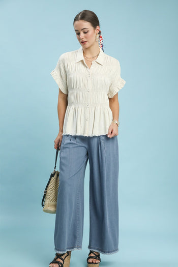 Umgee Stone Washed Wide Leg Pants in Light Denim