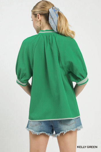 Umgee Textured Jacquard Contrast Trim Top in Kelly Green
