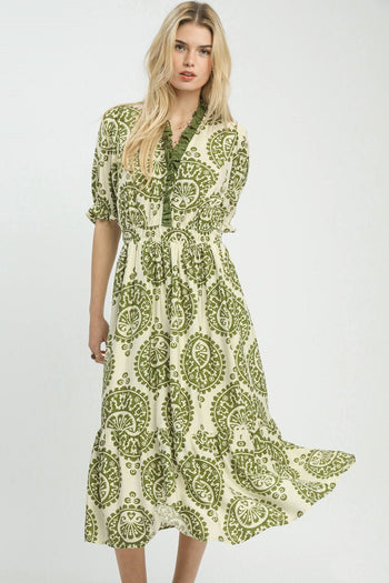 Umgee Medallion Paisley Print Midi Dress in Green
