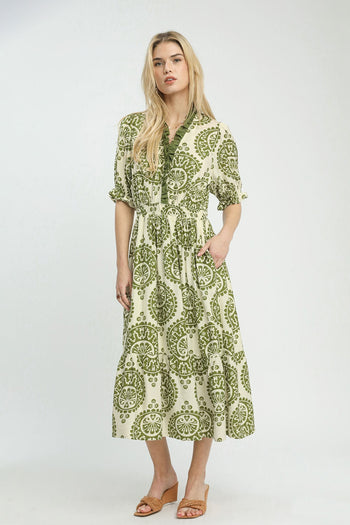 Umgee Medallion Paisley Print Midi Dress in Green June Adel Umgee Medallion Paisley Print Midi Dress in Green June Adel