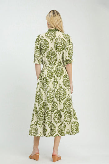 Umgee Medallion Paisley Print Midi Dress in Green
