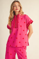 Jodifl Color Rib Band Contrast Zip Up Polka Dot Top in Hot Pink