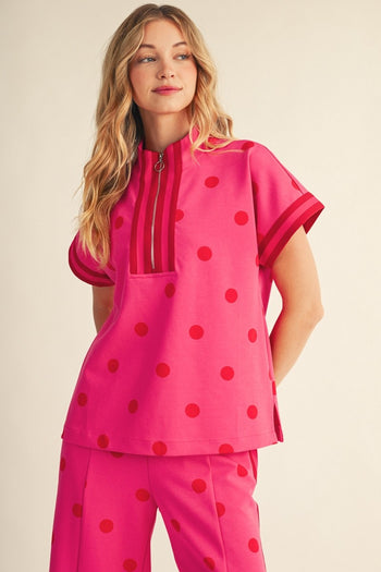 Jodifl Color Rib Band Contrast Zip Up Polka Dot Top in Hot Pink