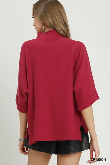 Umgee Mock Neck Dolman Sleeve Sweater Top in Crimson