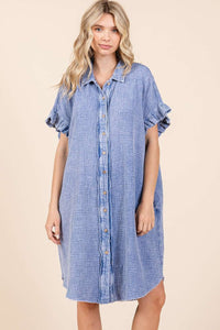 Mittoshop Cotton Gauze Mini Length Shirt Dress in Blue