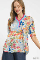 Umgee Floral Contrast Pleat Neck Top in Blue