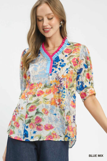 Umgee Floral Contrast Pleat Neck Top in Blue