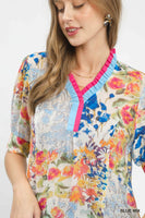 Umgee Floral Contrast Pleat Neck Top in Blue