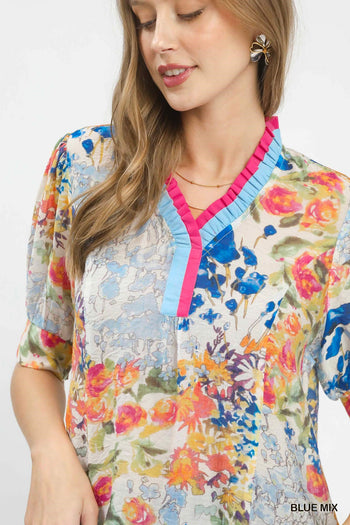 Umgee Floral Contrast Pleat Neck Top in Blue