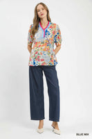 Umgee Floral Contrast Pleat Neck Top in Blue