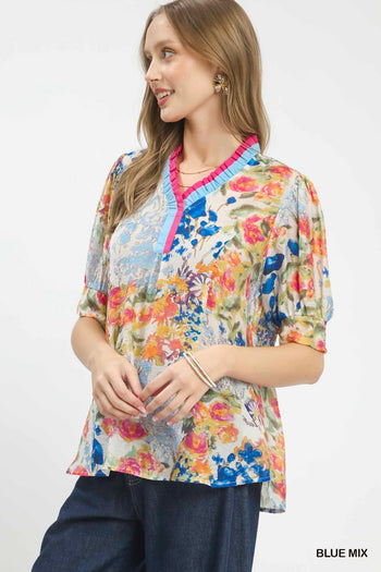 Umgee Floral Contrast Pleat Neck Top in Blue