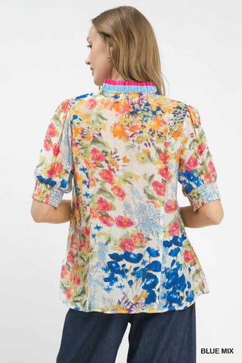 Umgee Floral Contrast Pleat Neck Top in Blue