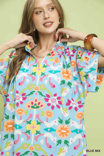 Umgee Abstract Floral Shift Dress in Blue Mix