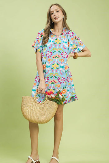 Umgee Abstract Floral Shift Dress in Blue Mix