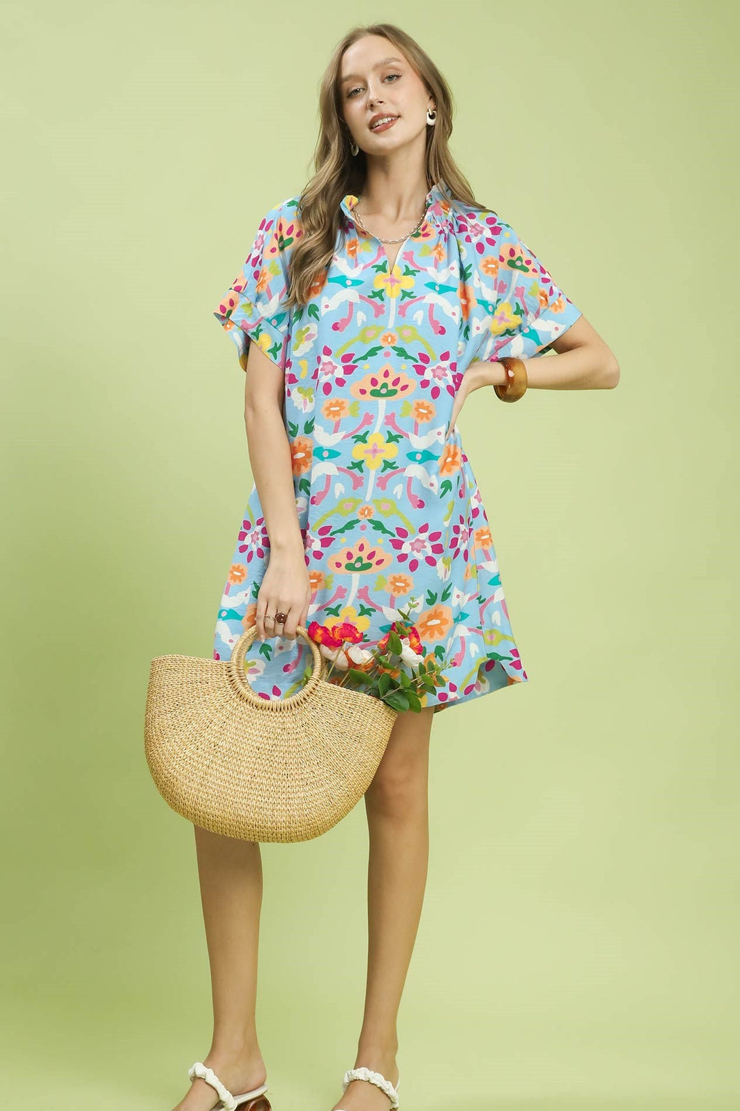 Umgee Abstract Floral Shift Dress in Blue Mix L at June Adel