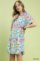 Umgee Abstract Floral Shift Dress in Blue Mix