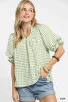 Umgee Gingham Check Top with Romantic Ruffle Details in Sage ON ORDER