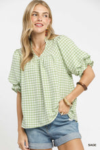 Load image into Gallery viewer, Umgee Gingham Check Top with Romantic Ruffle Details in Sage ON ORDER
