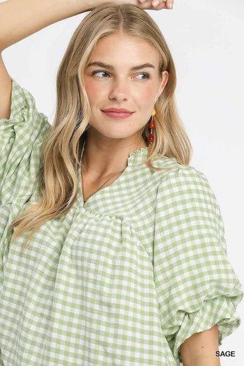 Umgee Gingham Check Top with Romantic Ruffle Details in Sage ON ORDER
