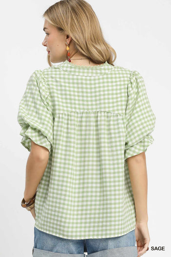 Umgee Gingham Check Top with Romantic Ruffle Details in Sage ON ORDER