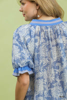 Umgee Floral Print Puff Sleeve Top in Blue