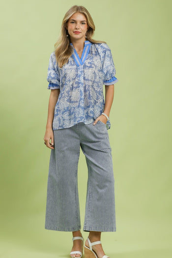 Umgee Floral Print Puff Sleeve Top in Blue