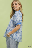 Umgee Floral Print Puff Sleeve Top in Blue