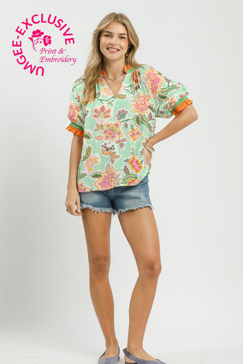 Umgee Vibrant Botanical Floral Print Top in Mint
