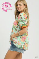 Umgee Vibrant Botanical Floral Print Top in Mint