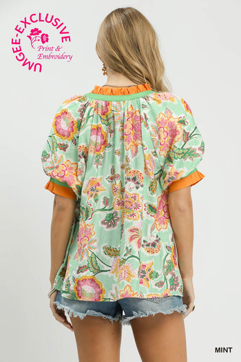 Umgee Vibrant Botanical Floral Print Top in Mint