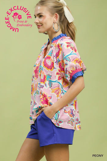 Umgee Vibrant Botanical Floral Print Top in Peony