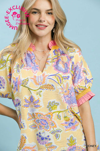 Umgee Vibrant Botanical Floral Print Top in Honey