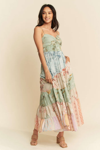 Davi & Dani Mixed Print Maxi Dress in Sage Multi