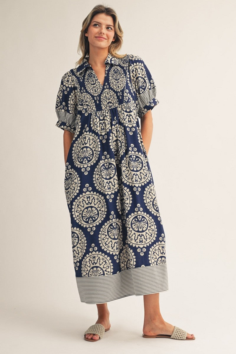 navy print midi dress Jodifl Geometric Floral Print Midi Dress in Navy – June Adel