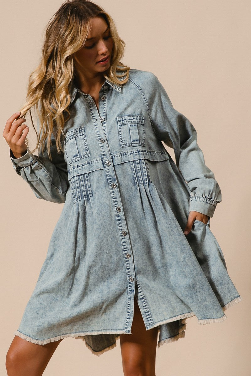 BiBi Denim Mineral Washed Button Down Dress in Light Denim