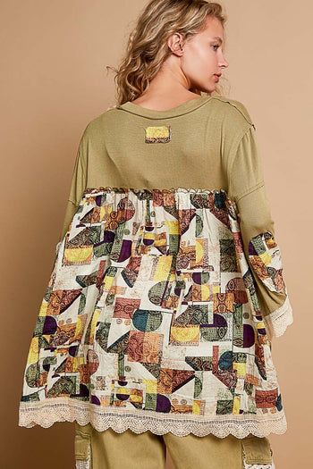 POL Ribbed and Mixed Floral Print Knit Top in Moss Green