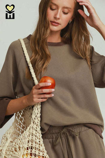 Umgee CLOUDKNIT 3/4 Raglan Sleeve Colorblock Crewneck Top in Coco Brown